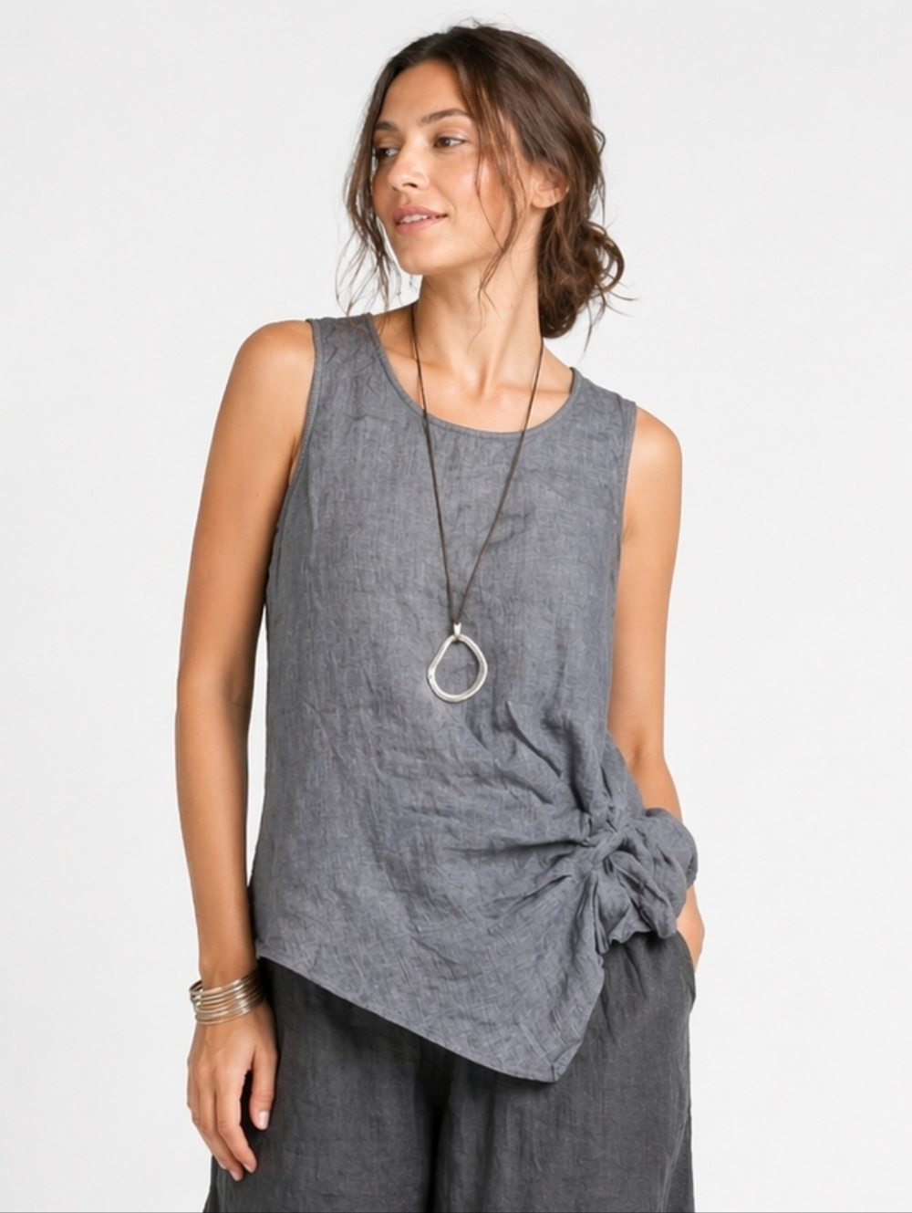 Sleeveless Knot-Accent Linen Top in Gray
